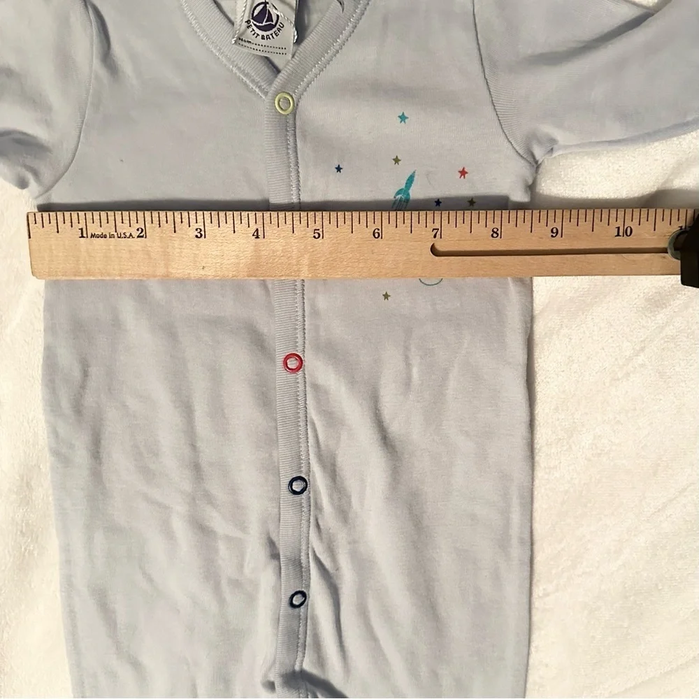 Petit Bateau Baby Boys Blue Romper Footie 1pc Sleeper NB Snaps Cotton Rocket NWT